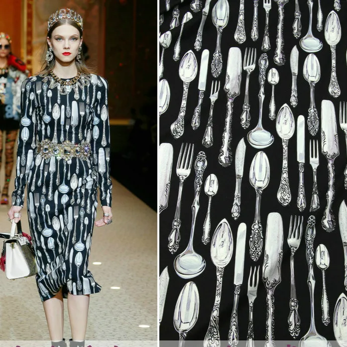 

145 cm tableware printed fabric diy shirt dress scarf fabric thin polyester fabric material wholesale cloth