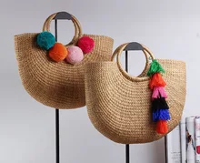 36x26CM Handmade Female Cotton And Linen Beach Weaving Ladies Straw Bag Wrapped Bag Moon shaped Bag A2925