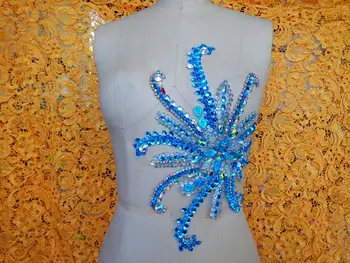 

A175 30*24cm Handmade light blue/clear AB colour sew on Rhinestones applique crystal patches with stones sequins beads