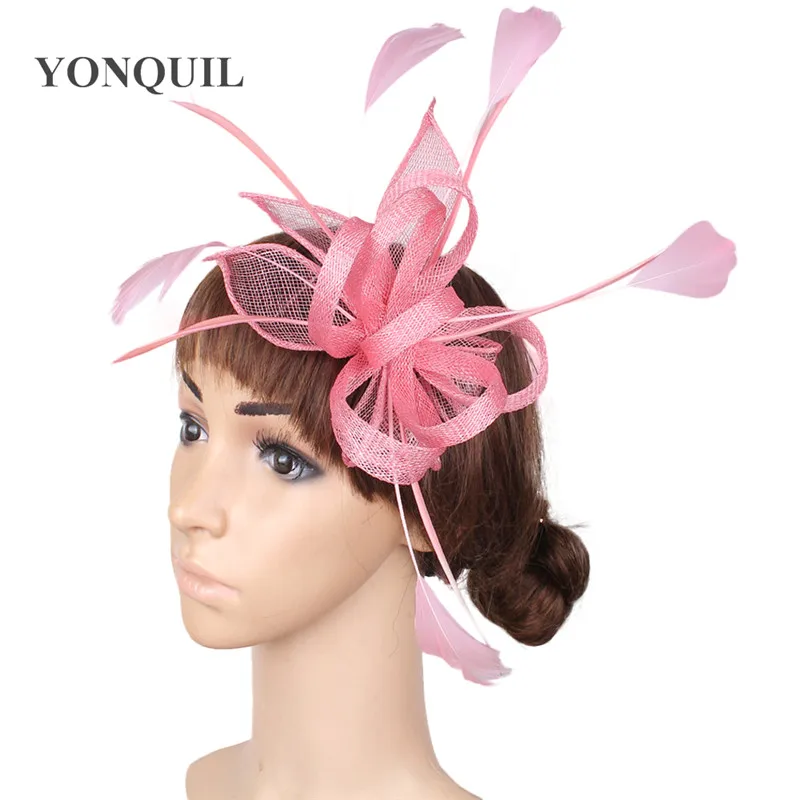 Бирюзовый синий millinery Клубная Кепка головной убор Sinamay головной убор перо красочные сетки события шоу аксессуары для волос Дерби MYQ005 - Цвет: Розовый