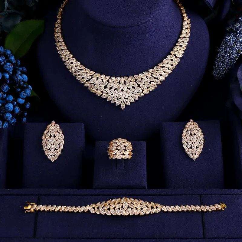 

jankelly Brass 4pcs Bridal Cubic Zirconia Jewelry Sets For Women Party, Luxury Dubai African CZ Stone Wedding Jewelry Sets