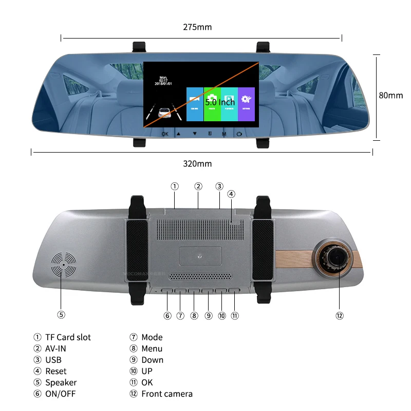 E-ACE, Автомобильный видеорегистратор, 5 дюймов, зеркало заднего вида, авто регистратор, ночное видение, 1080 P, видеорегистратор с двумя объективами и камерой заднего вида