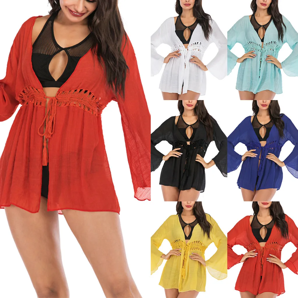 

ISHOWTIENDA Women Bikini Cover Up Swimwear Summer Beach Wear Off Shoulder Blouse Dress Costume da bagno sexy tinta unita#35