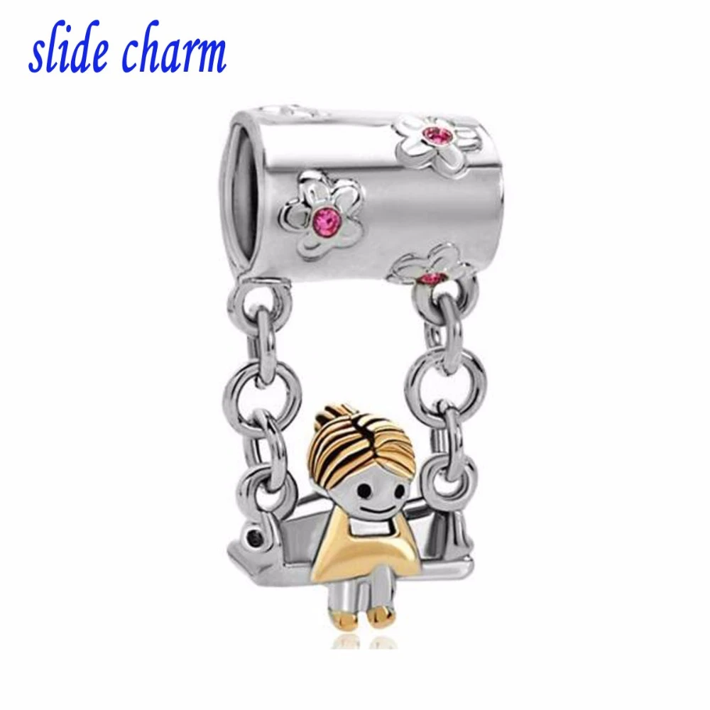 Slide Charm Free Cute Mother's Girl Sitting On Swings Charm Beads Fit Pandora - Beads AliExpress
