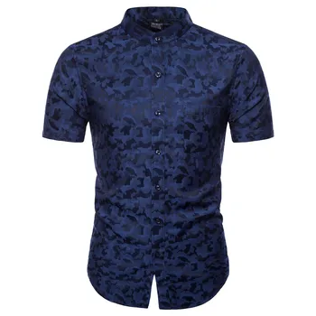 

Brand 2018 Fashion Male Hawaiian Shirt Short-Sleeves Tops Pure Color Camouflage Solid ColorMens Dress Shirts Slim Men Shirt