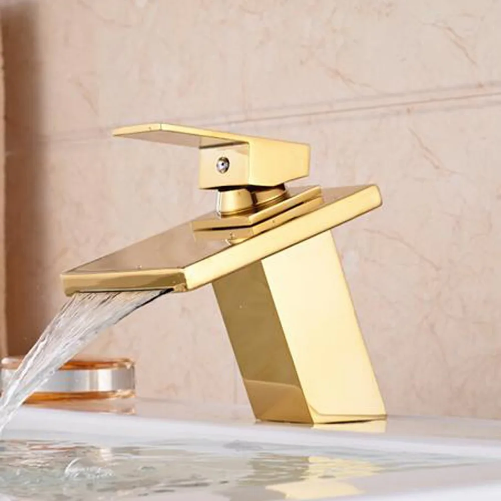 

Free shipping Luxury solid brass gold waterfall faucet with single lever single hole bathroom basin sink faucet