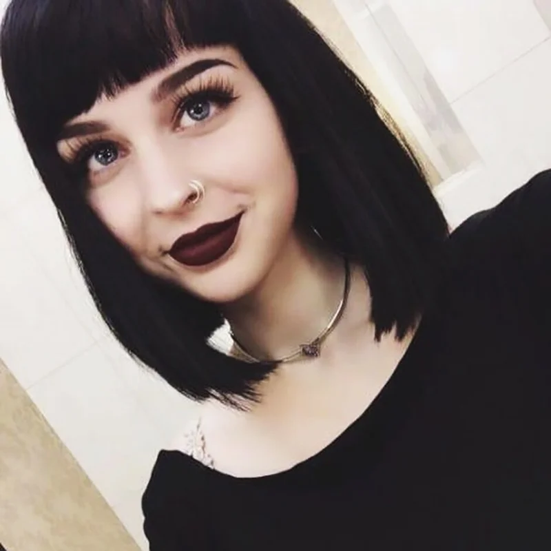 Straight Black Synthetic Wigs With Bangs For Women Medium Length