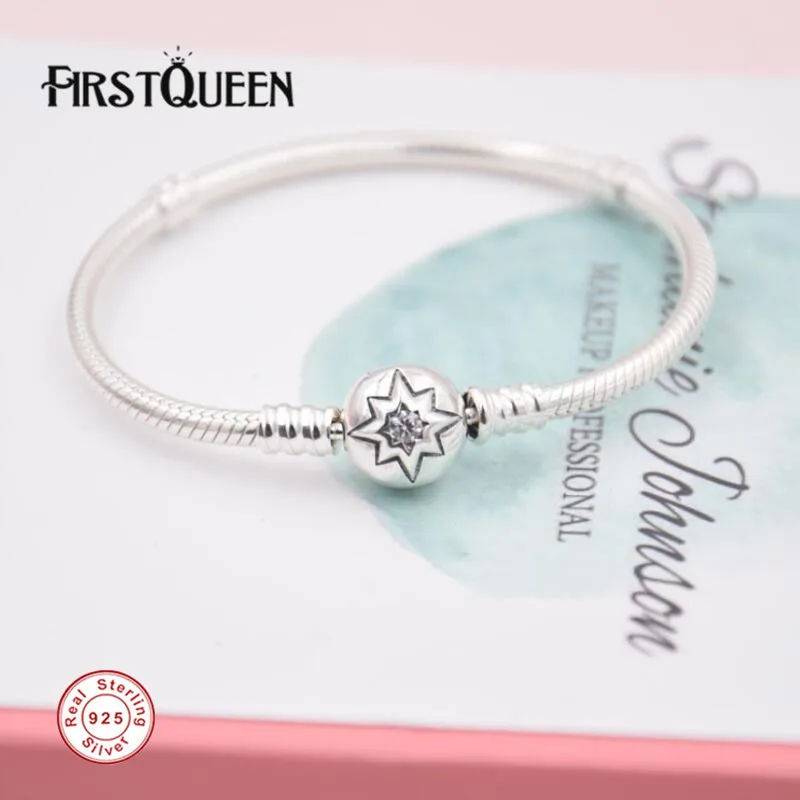 

FirstQueen Solid 925 Silver Bracelet with Star Clasp Fit 4.3mm Charms Beads Anniversary DIY Gift For Jewelry Making