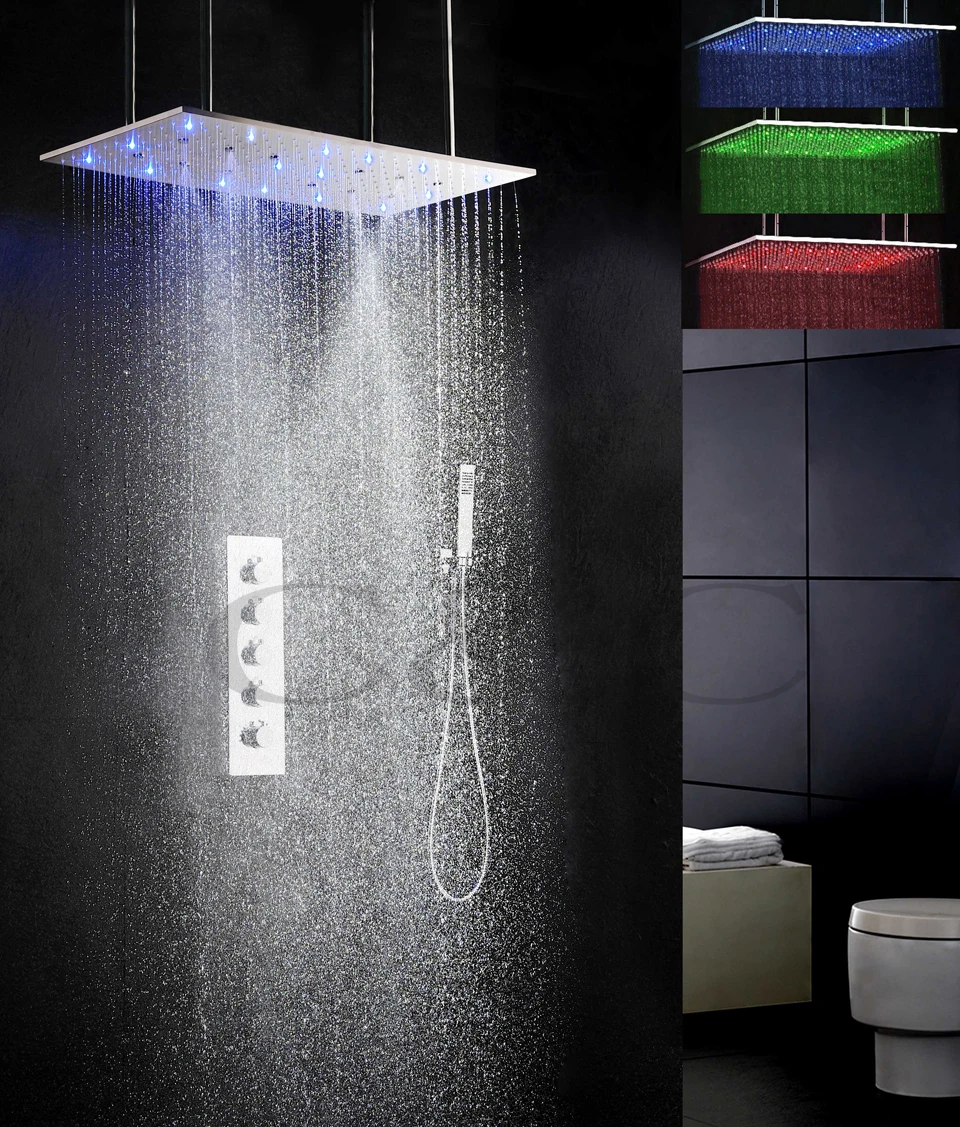 

800X400 mm Mist Swash And Rainfall LED 3 Color Temperature Sensitive Shower Head Bathroom Bath Shower Faucet Set