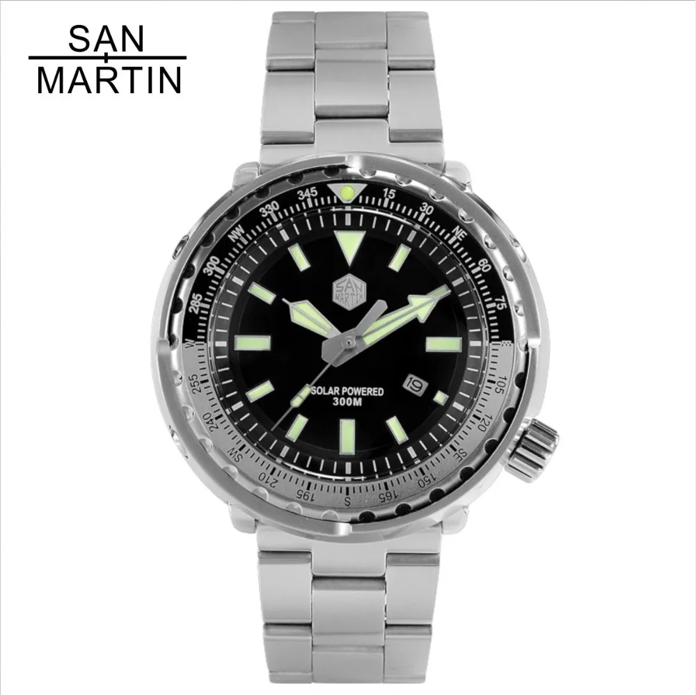 

San Martin Tuna SBDC035 Fashion Photodynamic energy Quartz Watch Stainlss Steel Diving Watch 300m Water Resistant Aluminum bezel