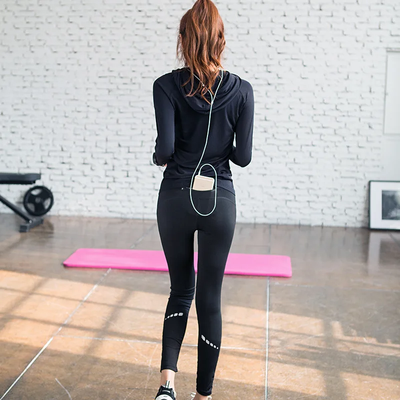 

Sports Outfit Suit Women Long Sleeve Hooded T-shirt Black Tights Pants Yoga Set Sportswear Tracksuit Hoodie Sweatpants Fitness