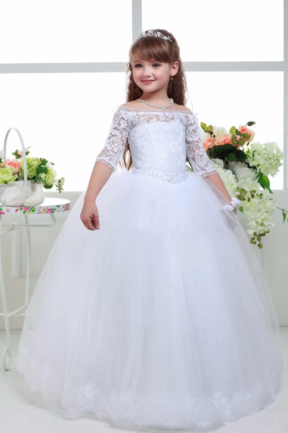 blanco largo de para niña, de baile de media manga, vestidos de flores para niña, vestido Simple para fiesta de boda para niño, vestidos de comunión para niña -