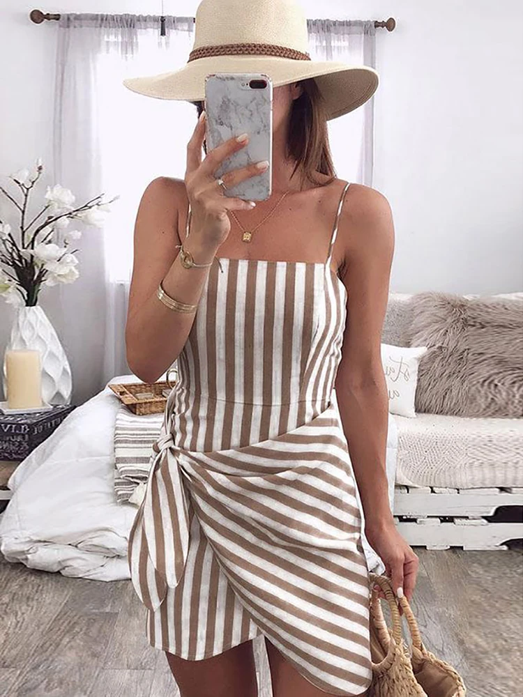 

Sexy Stripe Sleeveless Bodycon Mini Dress for Women 2019 Summer Brown Strap Sashes Dress Vestidos Elegant Party Dresses Femme