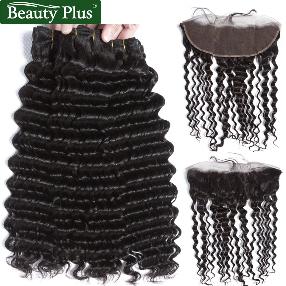 

Deep Wave 3 Bundles With Frontal Natural Black Remy Brazilian Hair Weave Bundles with Closure 13*4 inches Human Hair Beauty Plus