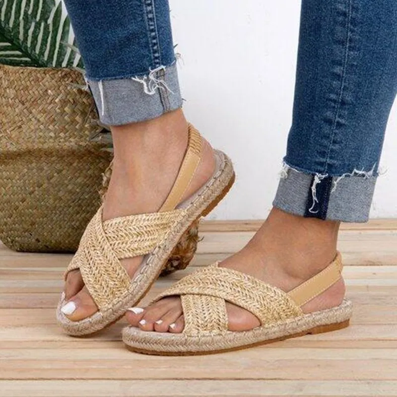 

EOEODOIT Summer Flat Heel Sandals Casual Cane Slip On Plus Size Open Toe Women Summer Holiday Beach Sand Flats Sandals
