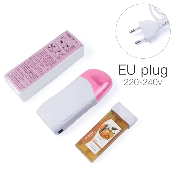 Pink EU 3 в 1 воск для депиляции, влажные восковые полоски для удаления волос с эпилятором, Нагреватель картриджей, набор бумаги для восковой эпиляции - Цвет: Pink EU