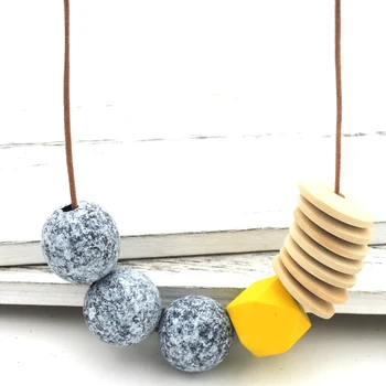 

chunky wood necklace Faceted Geometric Necklace Wooden Beads On leather cord minimalist grey yellow NW727