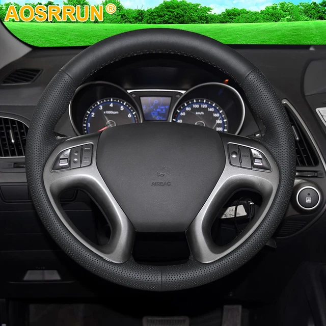 AOSRRUN غطاء عجلة قيادة السيارة ، ملحقات السيارة ، جلد أسود مخيط يدويًا ، لهيونداي ix35 توكسون 2 2011 2015-2