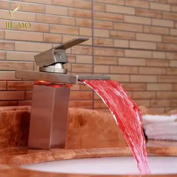 

Water power LED Light Waterfall Basin Faucet for Bathroom Torneira Led nickel brushed finish Deck Mounted Sink Mixer Tap H7197