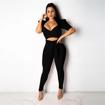 

Two Piece Set Women Two Pieces Outfits Fashion Short Solid Top And Pants Summer Womens Clothing 2019