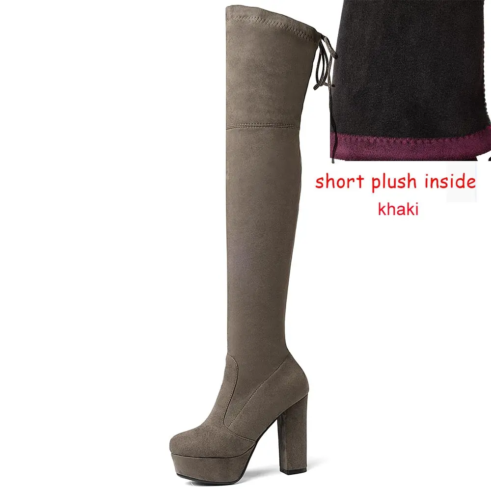 short plush khaki Lloprost ke/Для женщин Сапоги выше колен; с круглым носком пикантные на высоком квадратном Высокая платформа Женская обувь зимние мотоботы размер 43 D03 - Цвет: short plush khaki