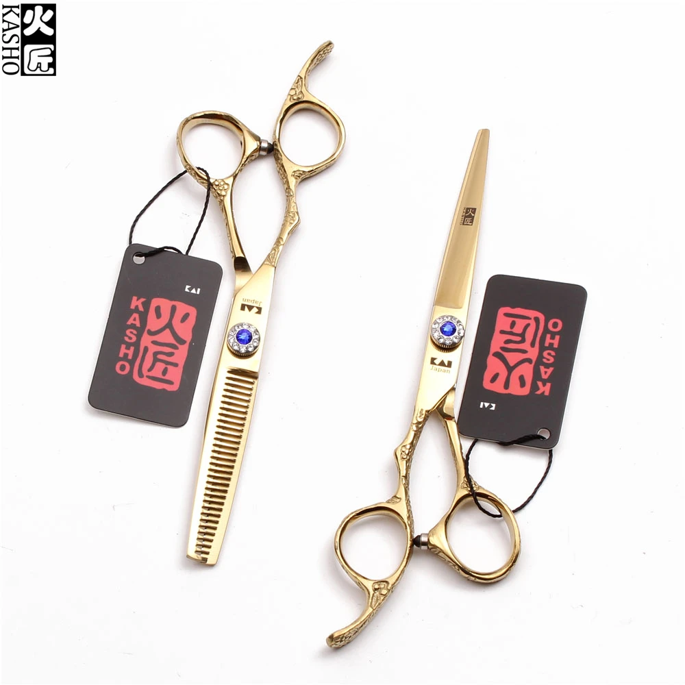 

Left-Hand 5.5" 6.0" Gold Kasho 440C Dogs Grooming Scissors Cats Straight Scissors Thinning Shears Professional Pets Shears H8002