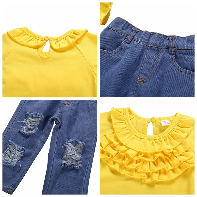 Yellow Fashion O-Neck Pullover Summer Baby Toddler Girl Flare Sleeve T-shirt Blouse Tops With Ruffle+Denim Pants Casual Outfits