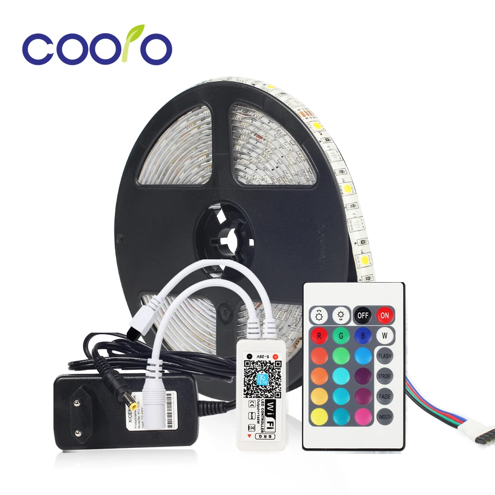 

5M LED Strip Light Waterproof Diode Tape 5050 RGB LED Strip Ribbon DC 12V Power Supply + Mini Wifi Controller, LED Strip Set
