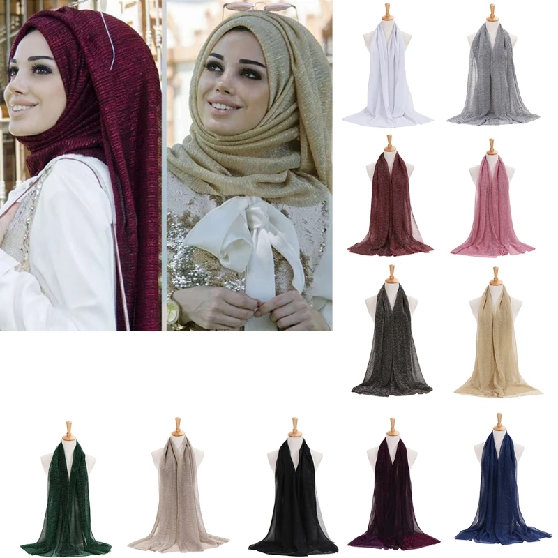 Women Hijab Scarf Glitter Solid Color Muslim Islamic Turkey Turban