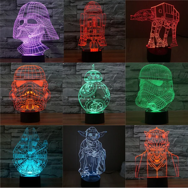 

3D Darth Vader Millennium Falcon Star Wars BB8 Action figure Model Style LED lamp 7 Color Changing Atmosphere Bedroom Lamp