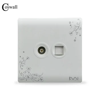 

COSWALL Wall RJ45 Data Internet Outlet With TV Socket, Ivory White, Brief Art Pattern Panel, AC 110~250V
