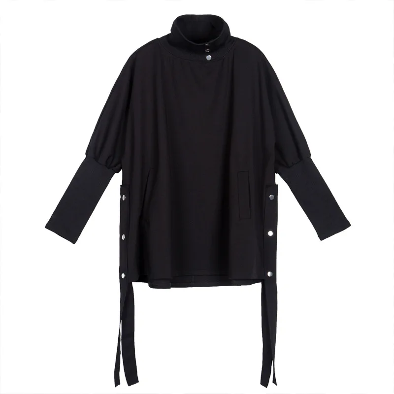 Harajuku Sweatershirt Высокий воротник 2019 Весна Новинки для женщин черные топы джемперы ремни модные Новые однотонные чёрное худи Корея LT748S40