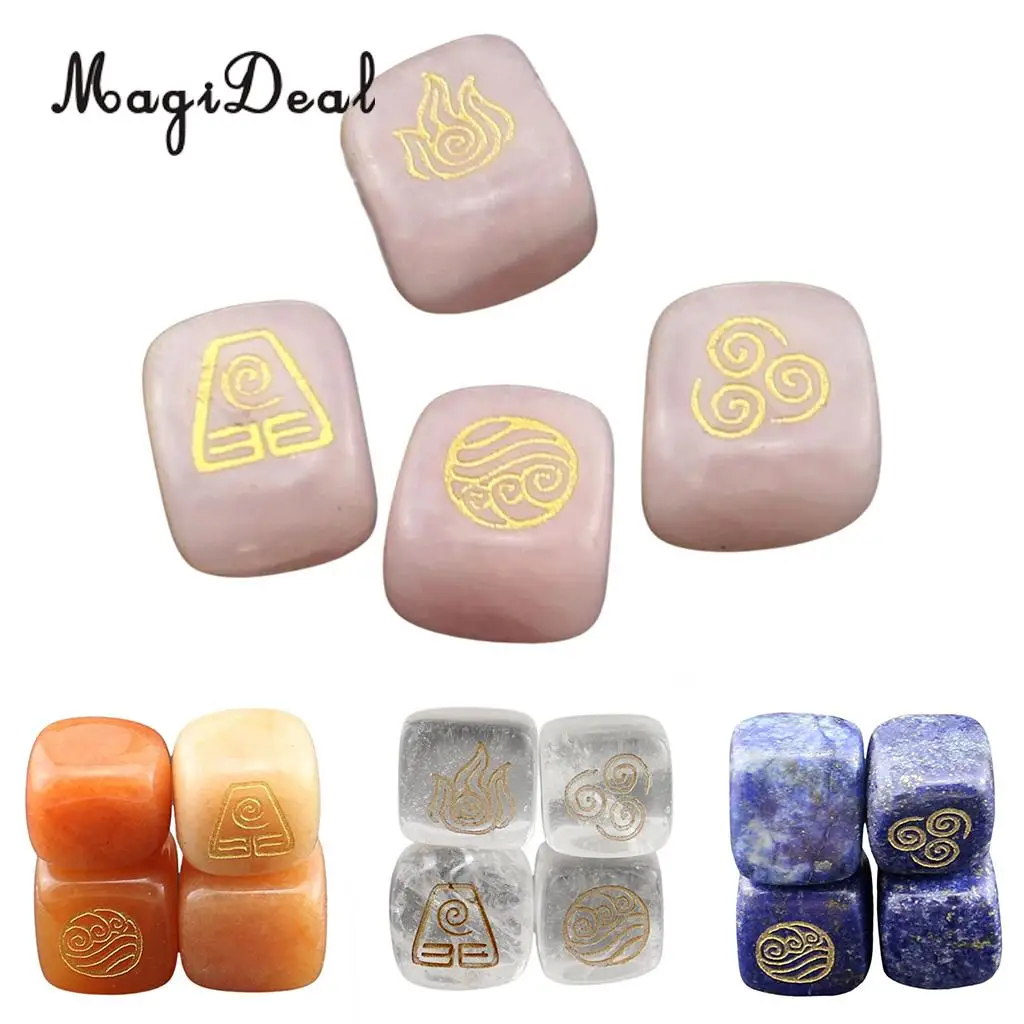MagiDeal Delicate 4Pcs Natural Powder Crystal Stone Polished Fire Water Wind Soil Engraved Runes for Room House Office Decor
