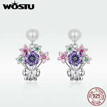 

WOSTU Big Colorful Earrings 100% Real 925 Sterling Silver Holding Flowers CZ Earrings Making Noble Jewelry Gift DAE152