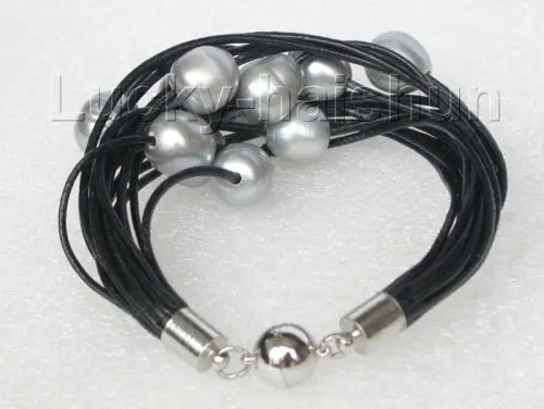 

Free Shipping >>>>>NEW 7" 14row 14mm Gray pearls black leather bracelet j8817