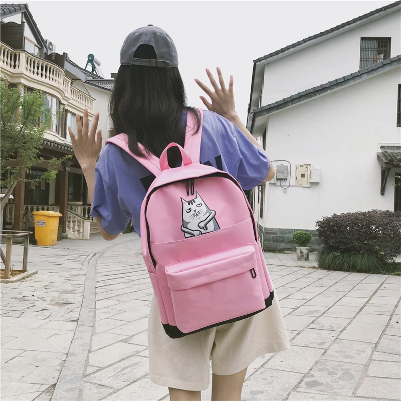 Menghuo Casual Women School Backpack Lovely Cat Printed Canvas Backpack Teenager Girls Large Capacity Ladies School Bag Mochilas (59)