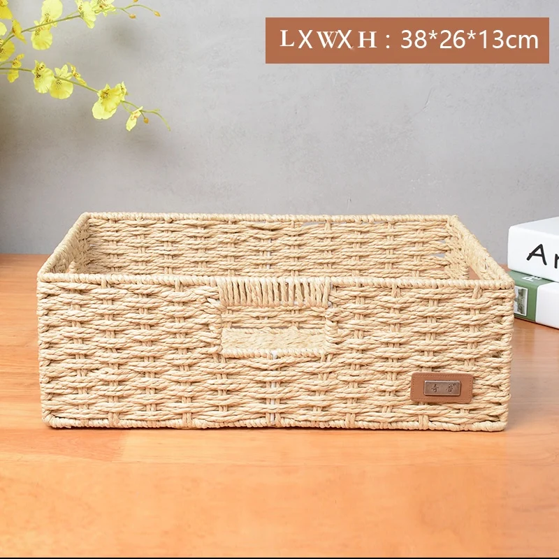 Baskets organizer straw storage snack drawer boxes paper string straw weave basket storage hand made craft steel frame household