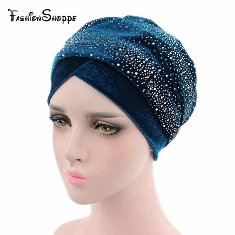 

New Luxury Women Velvet Turban Headband Diamante Studded Extra Long Velvet Turban Head Wraps Hijab Head Scarf Turbante YS226