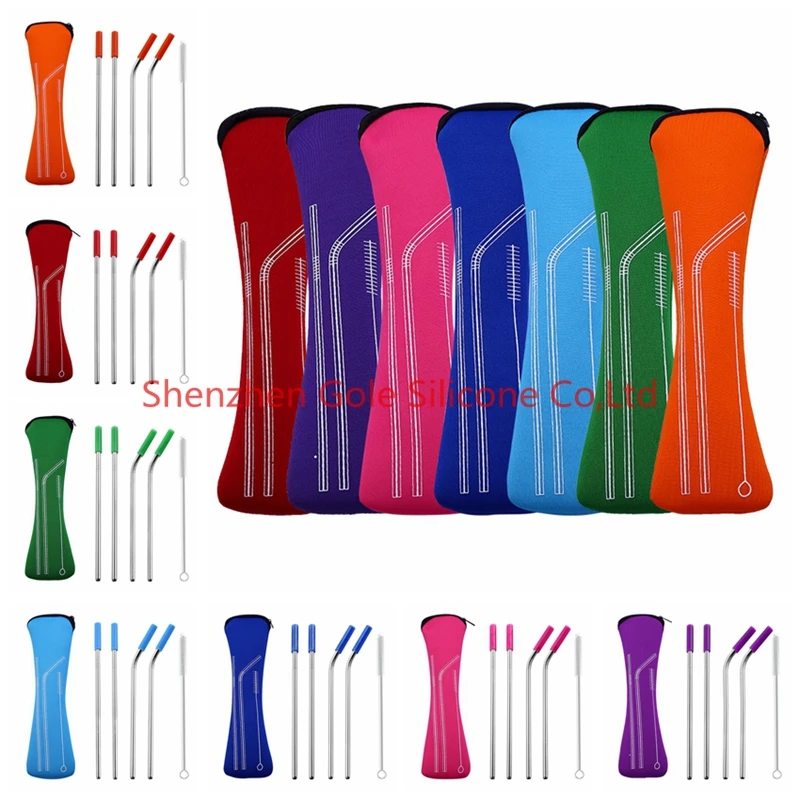

5sets/lot Reusable Stainless Steel Straws Straight Bent Drinking Straws with Silicone Tips for Hot Cold Beverage Drink Bar Tools