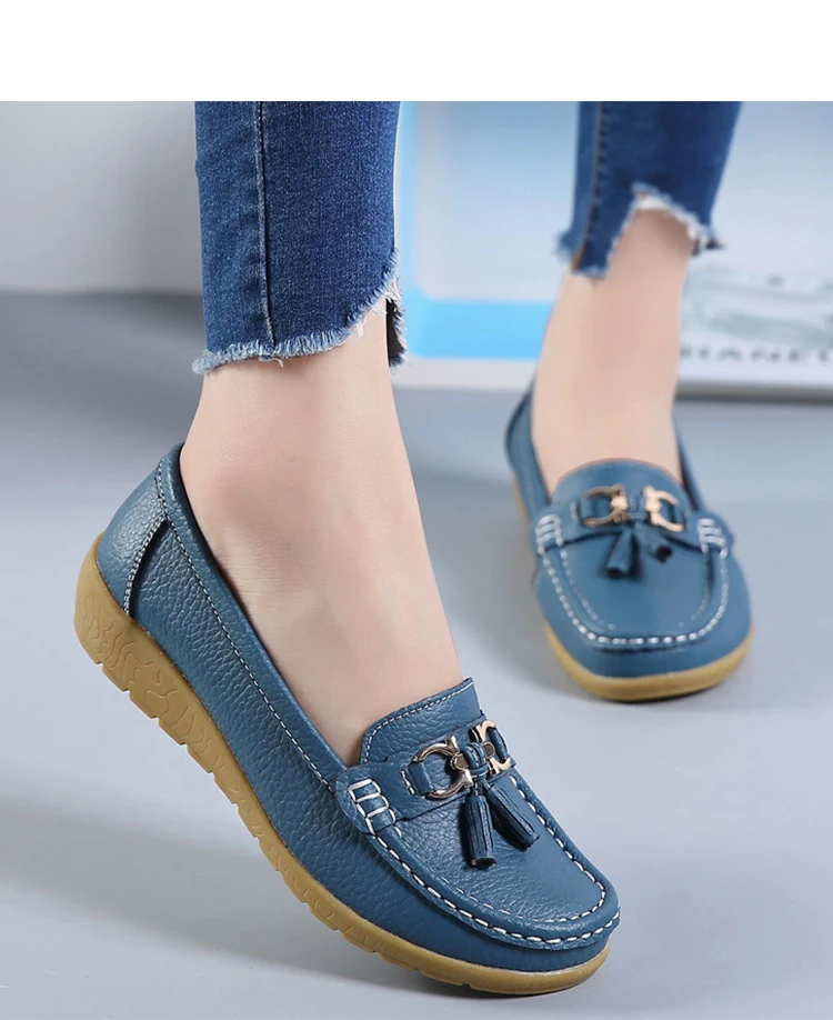 Women's Chic Leather Cow Flat Loafers-Blue