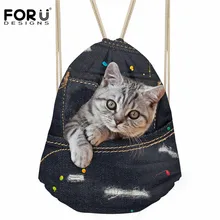 FORUDESIGNS/Модная женская сумка на шнурке, черная джинсовая сумка для хранения с принтом кота, мягкие пляжные сумки, Детские повседневные Рюкзаки-мешки для мальчиков и девочек