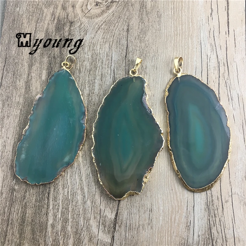 

Large Freeform Green Stripped Agates Quartz Druzy Slice Pendant,Gold Plated Edges and bail Charm For Necklace Jewelry MY1505