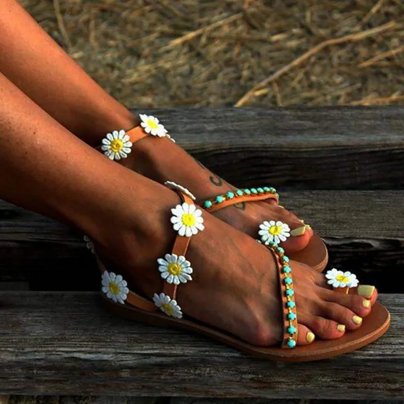 

women sandals Beautiful flowers flat open toe casual comfort set beach summer shoes for womanlarge size 40-43 sandalias mujer