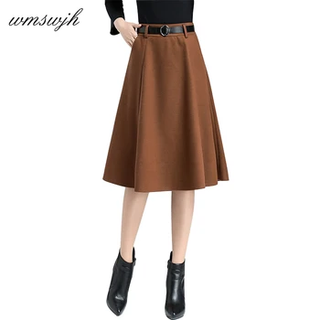 

Women A-line Woolen Skirt Solid Casual Office Ladies High Waist Skirt With Belt Autumn Elegant Female Pleated Mid Long Skirts