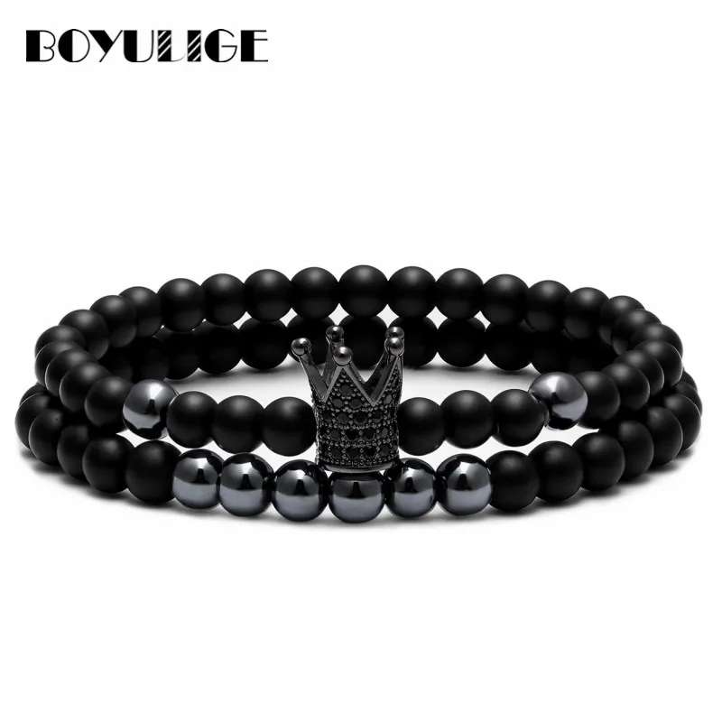 

Charm Crown Crystal Bracelet Couple Bracelets For Women Jewelry 6mm Natural Stone Gold Silver Men Bracelet Gift Pulseira Hombres