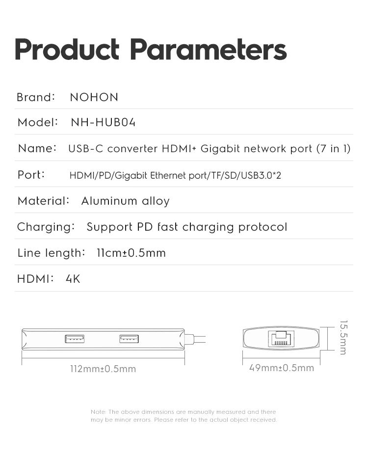 NOHON USB 3,0 концентратор USB C концентратор HDMI адаптер Ethernet для huawei mate 20 MacBook Pro USB-C концентратор 7 портов USB разветвитель SD PD кардридер