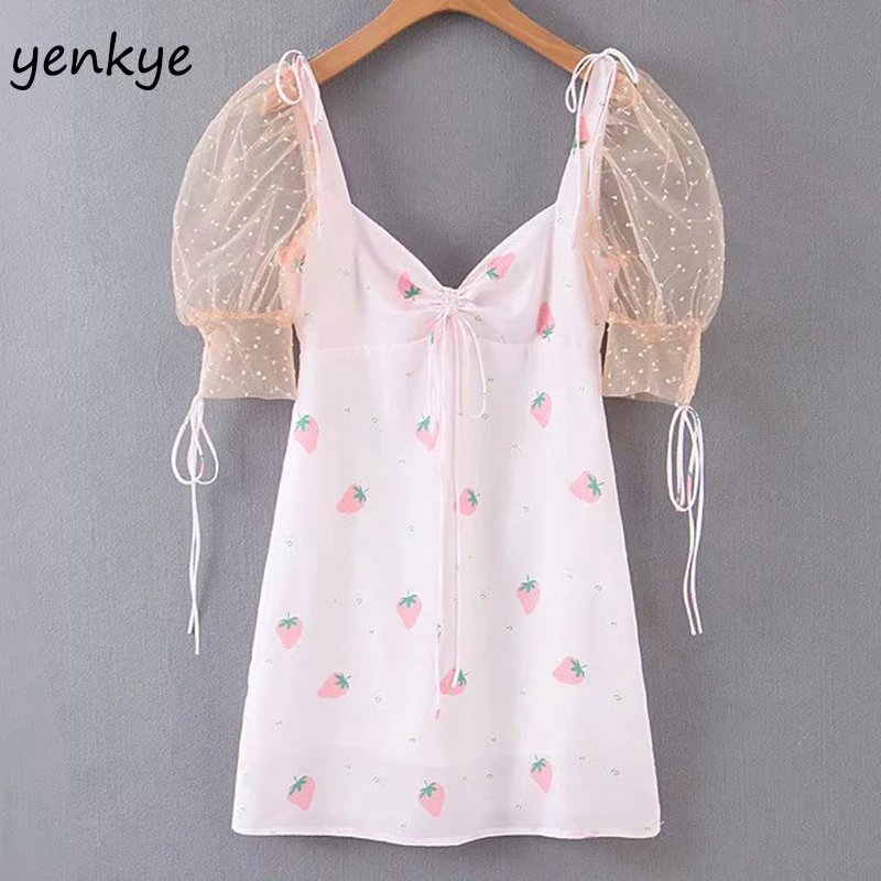 

Romantic Women Mesh Patchwork Short Sleeve Strawberry Print Sexy Dress Lady Backless V Neck A-line Summer Chiffon Dresses Short
