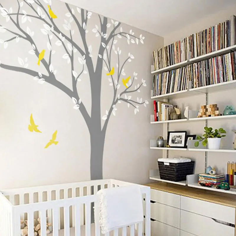 Большой размер, угловая белая елка с листьями и птицами, наклейка на стену, виниловая, домашний декор, для детской комнаты, для детской спальни, наклейки, фрески, 3523