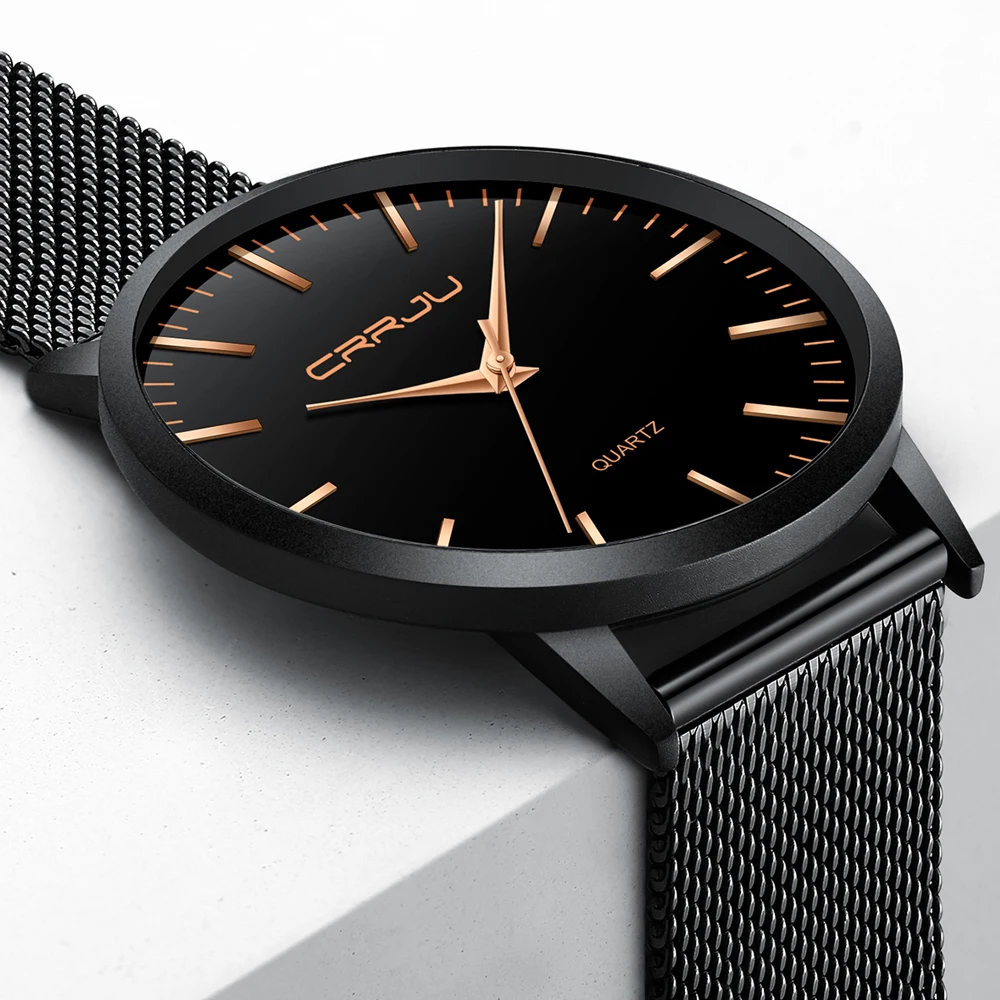 Деловые мужские часы Топ бренд класса люкс CRRJU Мужские кварцевые наручные часы мужские Ультра тонкий сетчатый ремешок часы reloj extraplano hombre