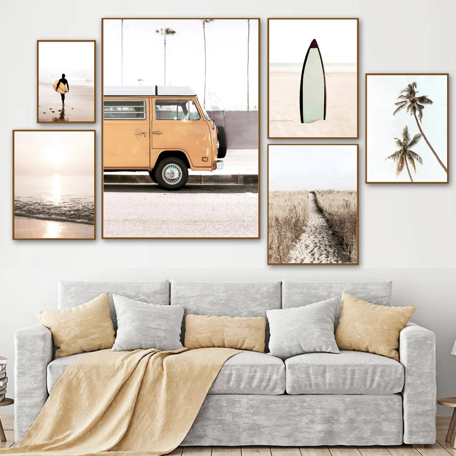 Toile D art Murale De Surf Avec Bus Orange Plage Cocotier Peinture 